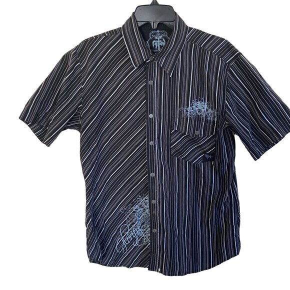 Vtg Y2K Not of this World NOTW Snap Button Up Shirt Mens Med Black & Gray Stripe - Picture 1 of 5